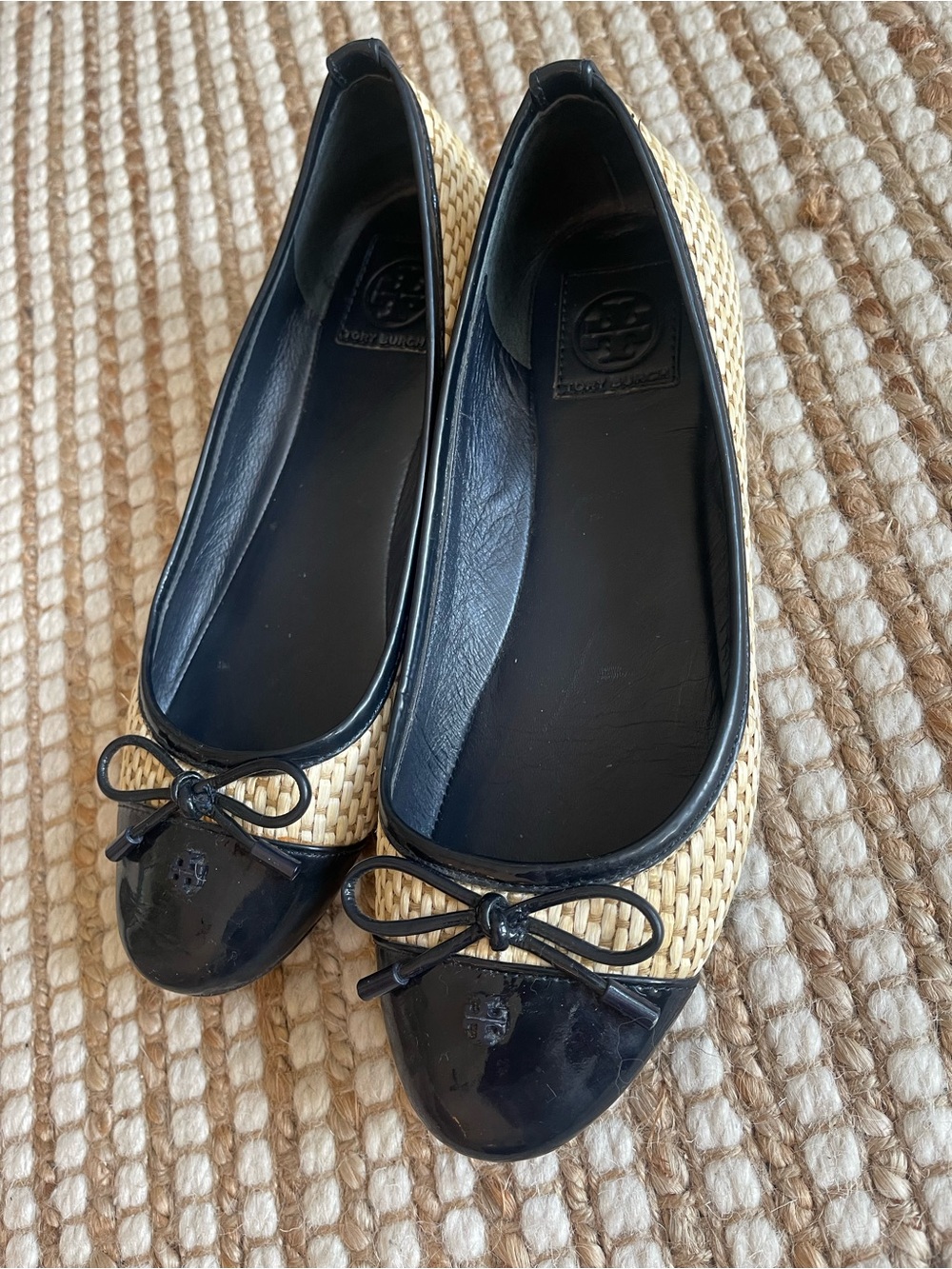 Tory Burch Black Patent & Natural Woven Ballet Flats